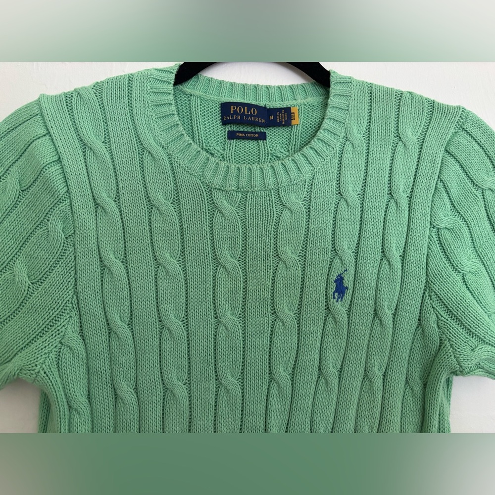 Ralph Lauren Polo Green Cable Knit Sweater Short Sleeve Pima Cotton Medium - Picture 2 of 8